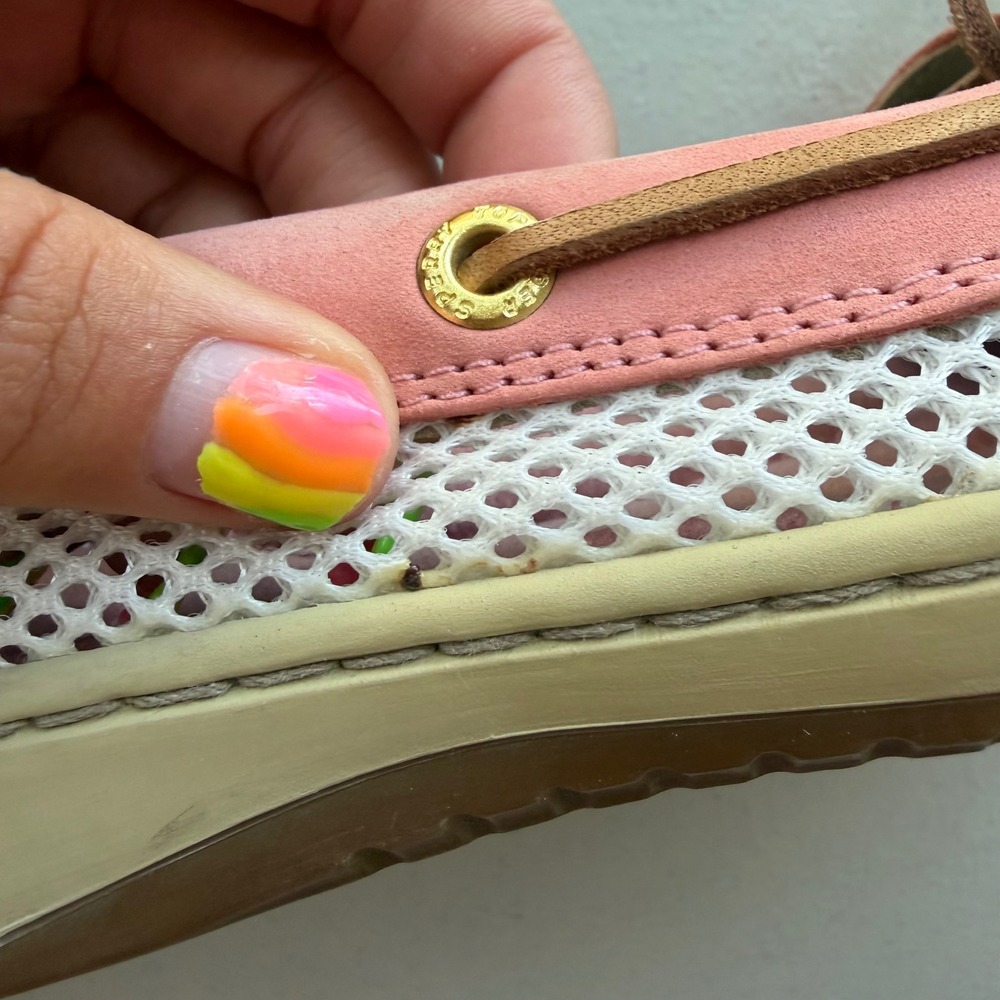 Sperry TopSider Women 9.5 Pink Tan Gold Leather Mesh Angelfish Boat Shoes Preppy - Picture 13 of 15